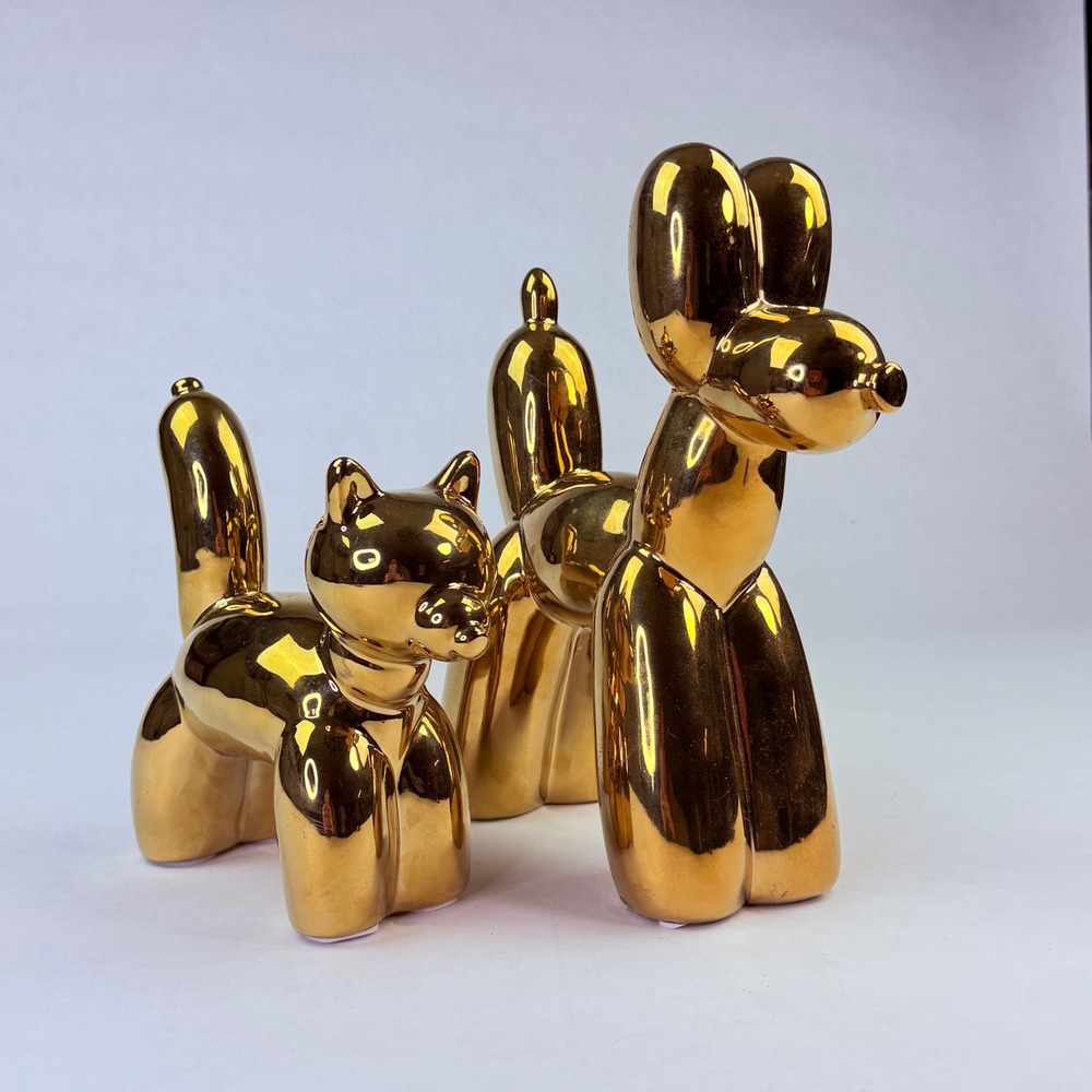 Three Hands Corp Gold Balloon Dog and Cat Ceramic‎ Figurine Set 25046 Metallic